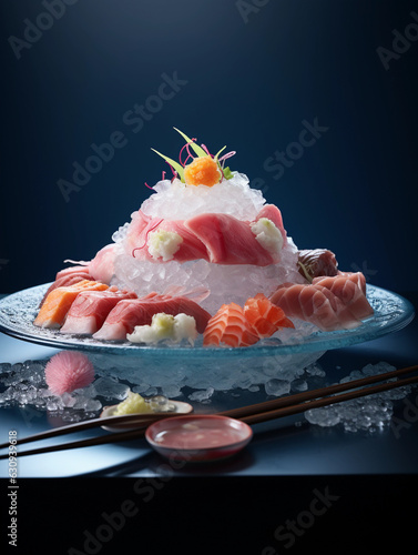 japanese food sashimi plate, in the style of translucent color