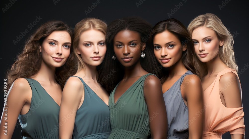 Portrait diversity beauty women with skincare smile and happy models, different and empowerment with motivation against studio background Portrait diversity beauty women with skincare smile and happy models, different and empowerment with motivation against studio background