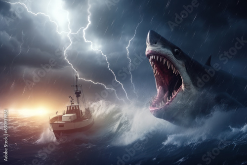 Fototapet The giant shark megalodon attacks a ship in a stormy sea.