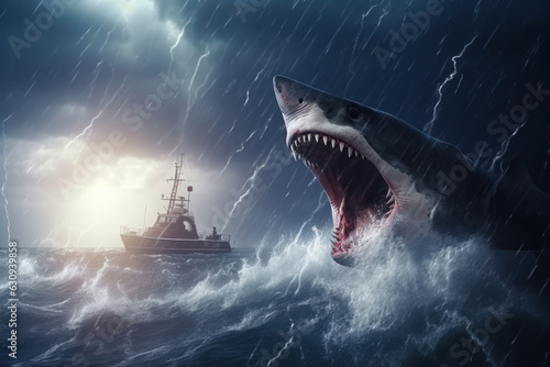 The giant shark megalodon attacks a ship in a stormy sea.