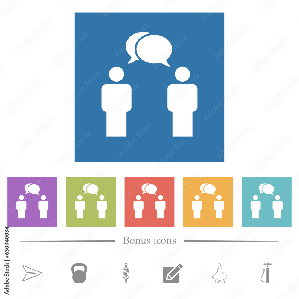 Two talking persons with oval bubbles solid flat white icons in square backgrounds Two talking persons with oval bubbles solid flat white icons in square backgrounds
