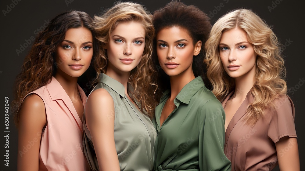 Obraz premium Portrait diversity beauty women with skincare smile and happy models, different and empowerment with motivation against studio background