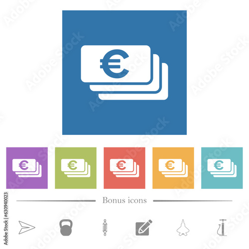 Euro banknotes flat white icons in square backgrounds