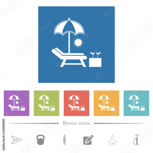 Beach sunbed umbrella cocktail flat white icons in square backgrounds
