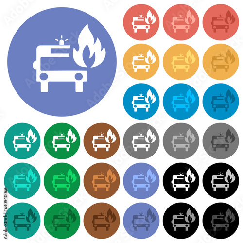 Fire engine with flame round flat multi colored icons