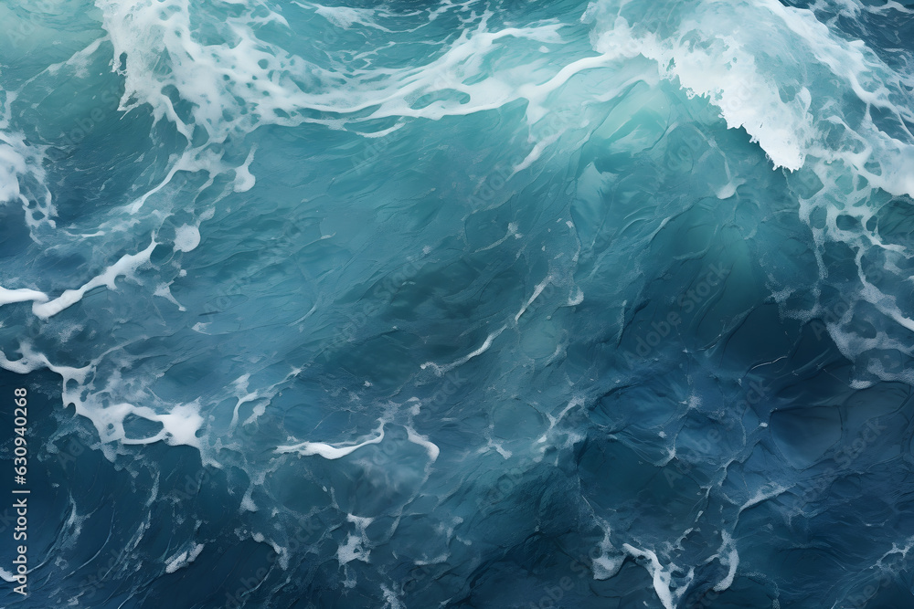 Top view of blue frothy sea surface. Shot in the open sea from above. AI generate