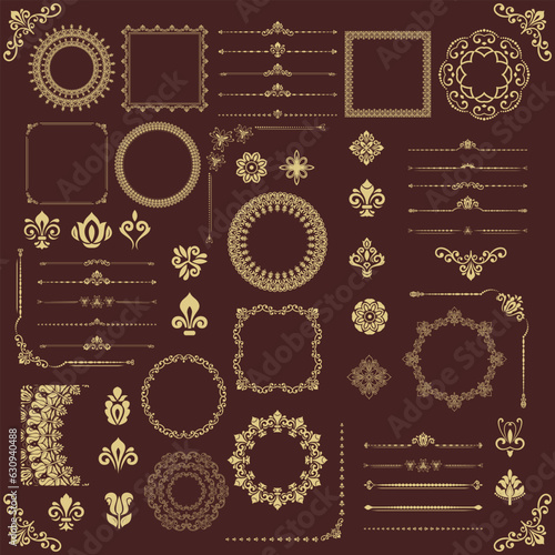 Vintage set of vector horizontal, square and round elements. Elements for backgrounds and frames. Classic brown and golden patterns. Set of vintage patterns