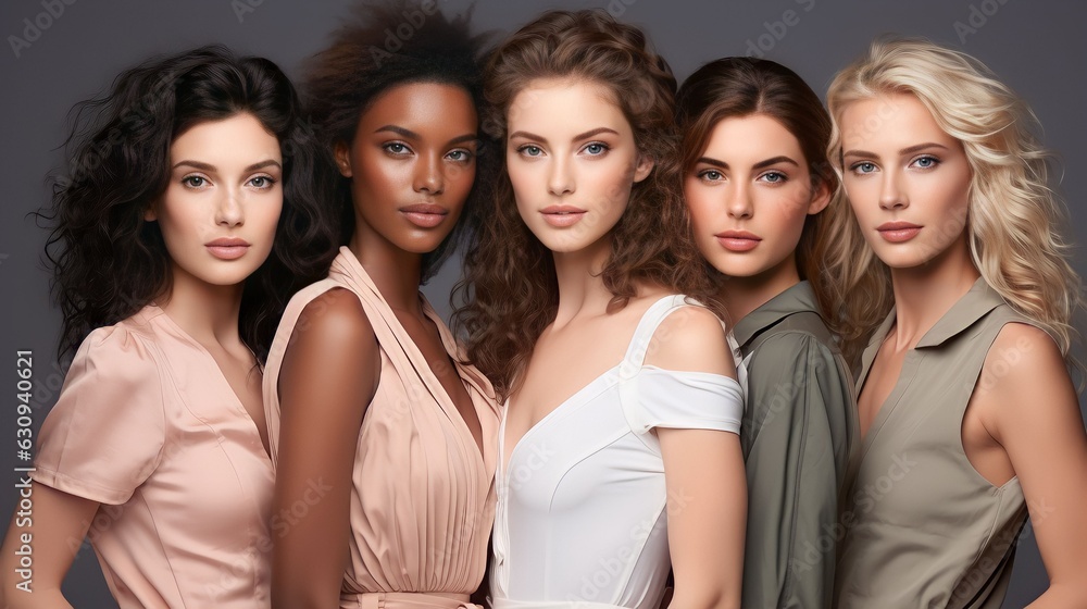 Fototapeta premium Portrait diversity beauty women, empowerment with motivation against studio background