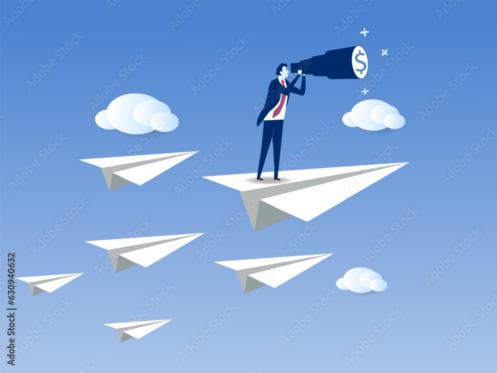 Business leadership, man power to lead company to achieve target, smart confidence businessman standing on leading flying paper airplane origami pointing finger to the direction to reach goal. Business leadership, man power to lead company to achieve target, smart confidence businessman standing on leading flying paper airplane origami pointing finger to the direction to reach goal.
