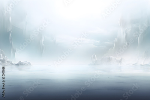misty mountain landscape in the fog white blurred light and clouds, Ice mountain. White cold terrain. AI generate