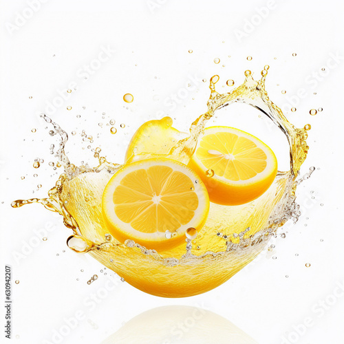 Lemon cut in half with juice splash on white background
