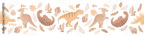 Cartoon dinosaurs seamless horizontal pattern with cute dinosaurs and plants isolated on white background. Vector illustration for print, wrapping paper, banner, wallpaper, nursery decoration, card
