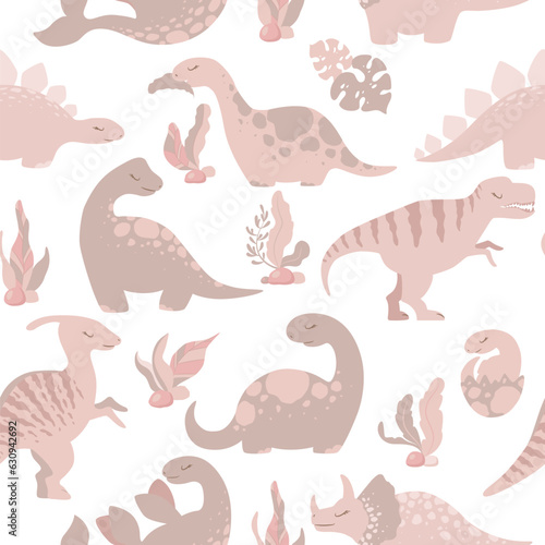 Seamless vector pattern with cute hand drawn cartoon dinosaurs  leaves and branches isolated on white background. Boho illustration for nursery decoration  card  textile  print  wallpaper