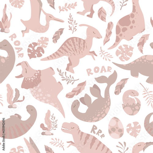 Seamless vector pattern with cute hand drawn cartoon dinosaurs, leaves and branches isolated on white background. Boho illustration for nursery decoration, print, card, textile, wallpaper