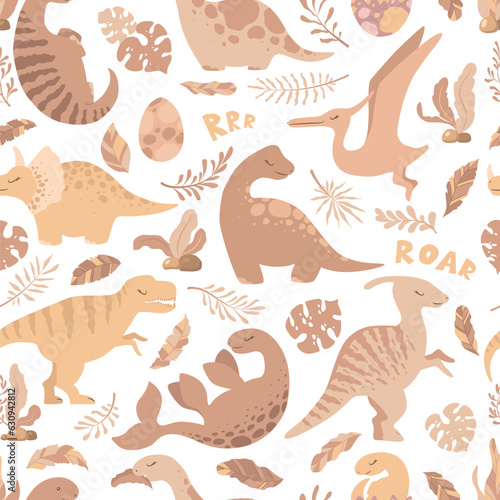 Seamless vector pattern with cute hand drawn cartoon dinosaurs  leaves and branches isolated on white background. Boho illustration for card  nursery decoration  print  wallpaper  textile