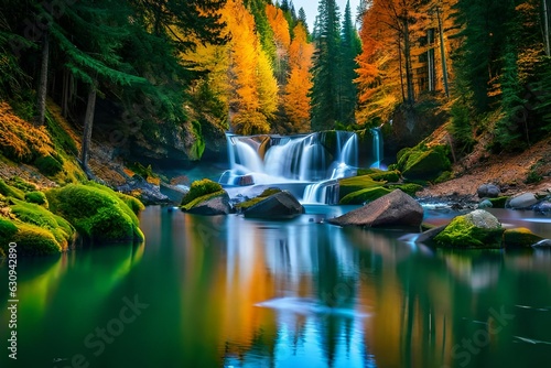 waterfall in autumn forest by Generated with AI technology