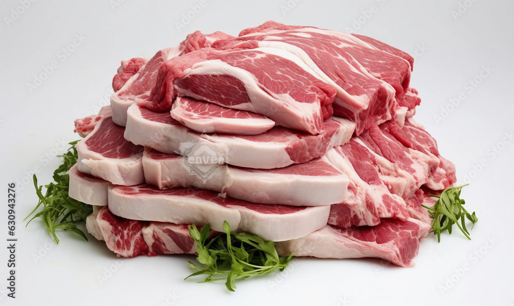 The cut of lamb is on the surface of a white screen, in the style of piles/ stacks