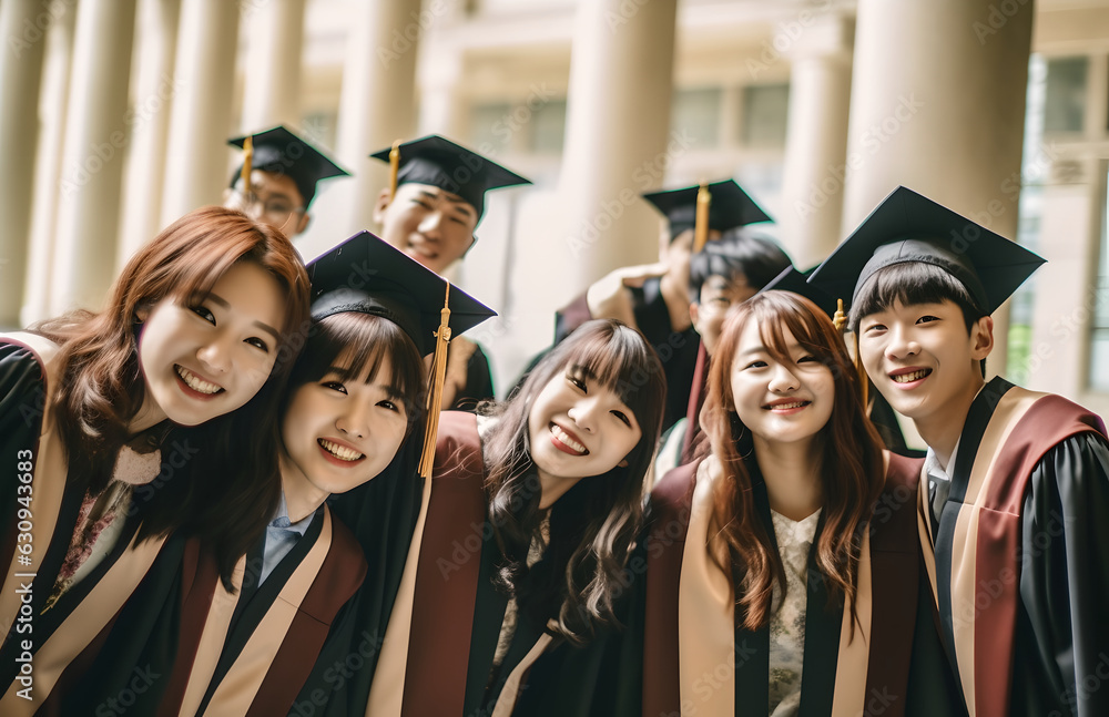 A group of asian people in graduation gowns posing for a picture. University friends in graduation gowns pose with diploma scrolls
