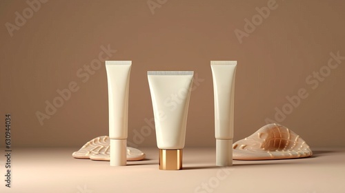 Set of cosmetic products with cream and lotion on beige background
