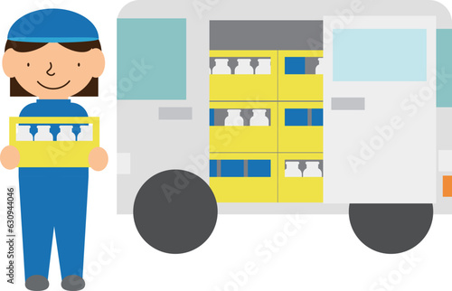 牛乳配達の人と牛乳を積んだ車