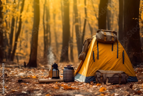 Tourists survival kit and camping tent in autumn forest, The concept of hiking in the autumn season