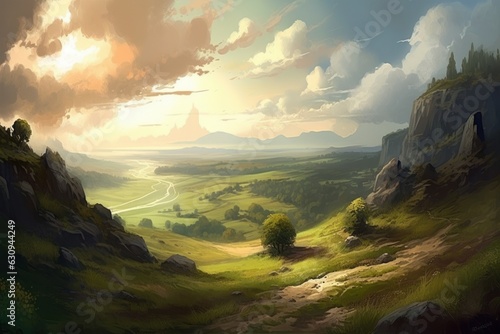 Fantasy landscape with mountains and fog. Digital painting. 3d illustration