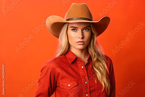 Pretty woman in cowboy style in red background. Young cowgirl pose against red background photo