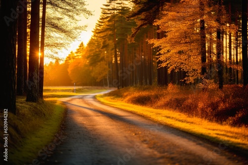 Serene scenic view of rural road at sunset during autumn