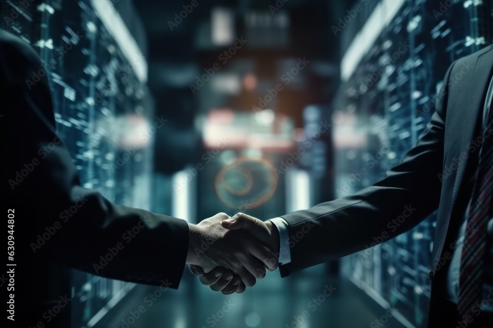 Close up of two businessmen shaking hands in server room. Mixed media