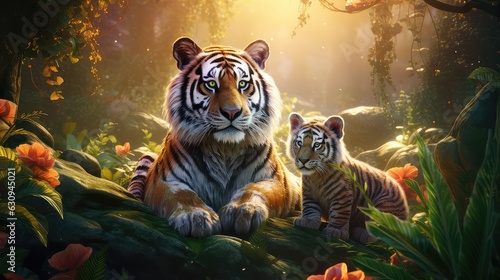 A mother and tiger cub sitting in the middle of the forest