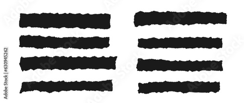 Torn thin and long pieces of paper set. Black paper strips with jagged edges. Ripped horizontal fragment collection. Textured grunge element bundle for collage, textbox, banner, sticker. Vector