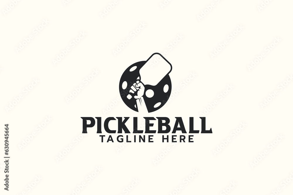 a simple pickleball logo with a combination of a hand holding a paddle
