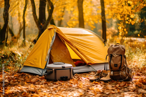 Tourists survival kit and camping tent in autumn forest, The concept of hiking in the autumn season