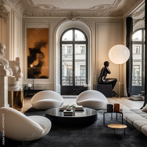 The interior of the living room in the style of penthouse, designed in the neoclassical style. photo