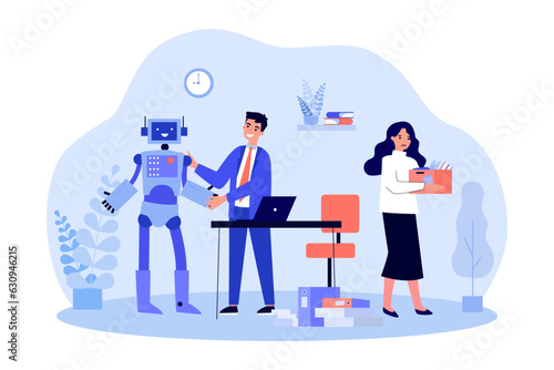 AI robot replacing human employees at work vector illustration. Employer firing female worker and welcoming chatbot with laptop. Job automation, job losses due to artificial intelligence concept