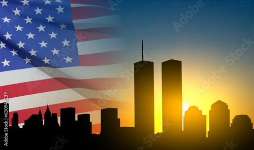 New York skyline silhouette with Twin Towers and against the sunset with USA flag. 09.11.2001 American Patriot Day banner