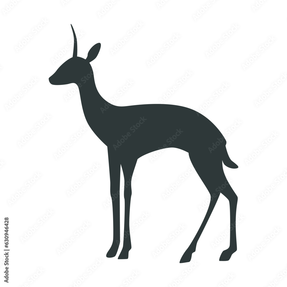 Black silhouette of gazelle standing vector illustration. Drawing of silhouette of savannah animal in profile isolated on white background. Wildlife, nature, savanna, fauna concept