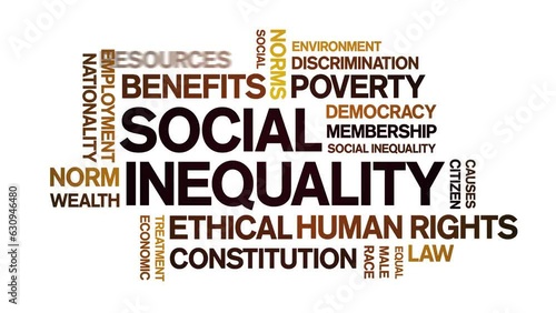 Social inequality animated tag word cloud;Human rights issues text design animation kinetic typography seamless loop. photo