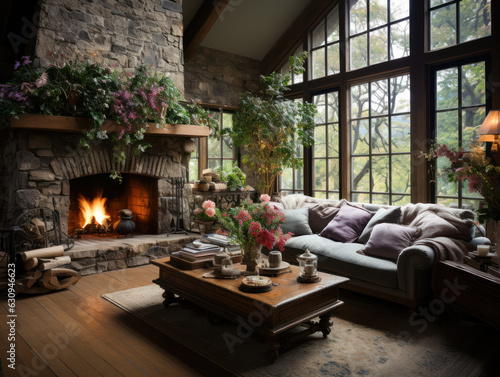 Living room with a stone fireplace  