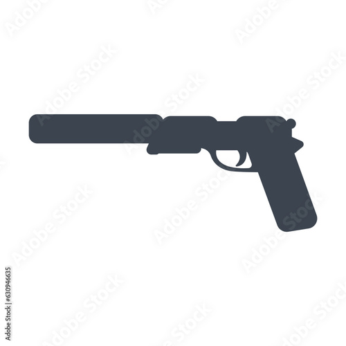 Gun with silencer silhouette vector illustration. Cartoon drawing of firearm or explosive weapon for games isolated on white background. Weapons, military concept