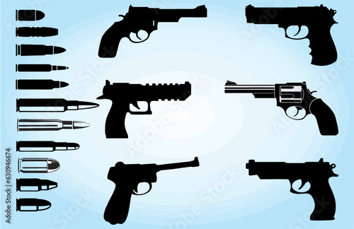 Collection of pistol, revolvers and guns with bullets icon in different style and shapes. Editable vector. Stop gun violence poster and banner idea. eps 10.