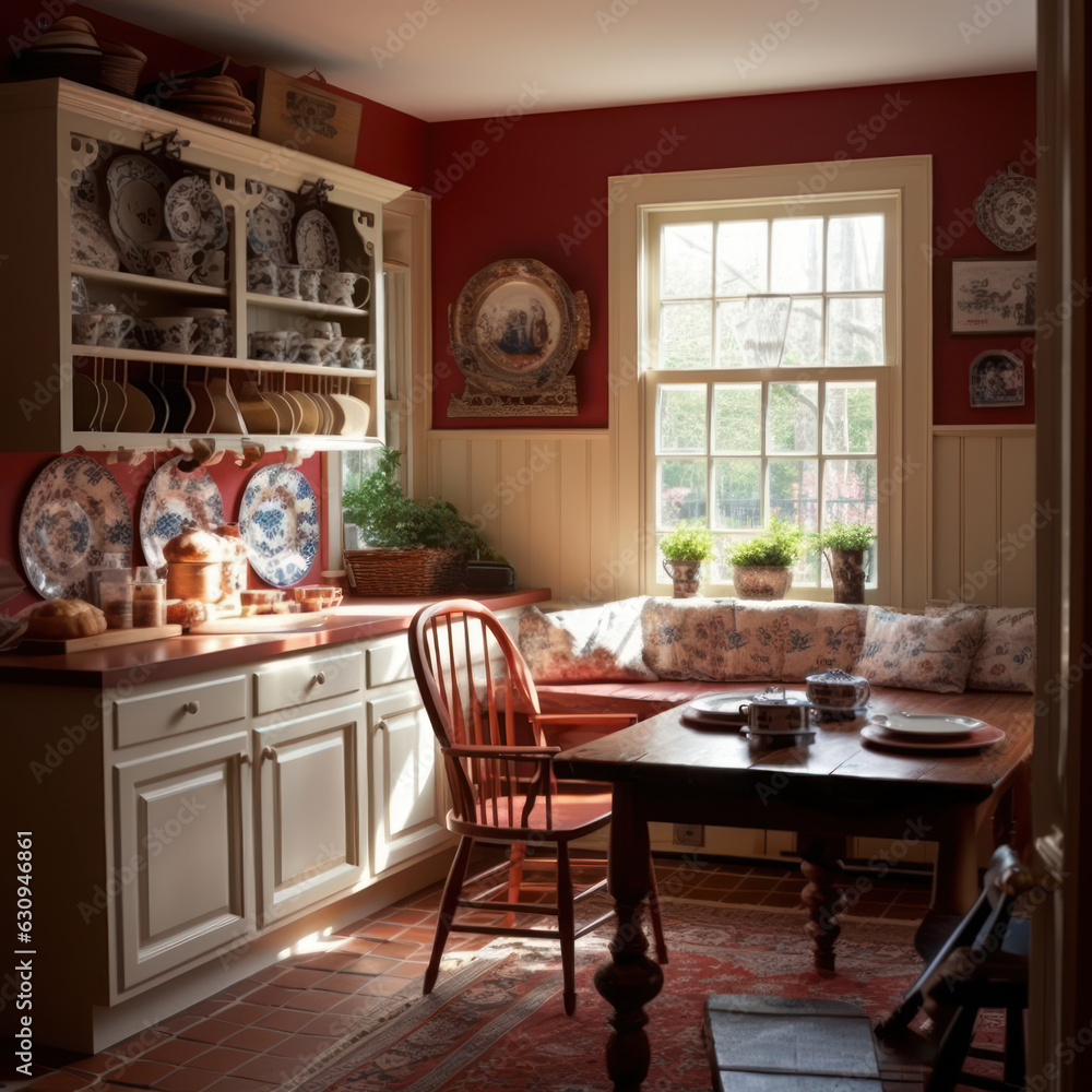 classic colonial style red and white kitchen 

