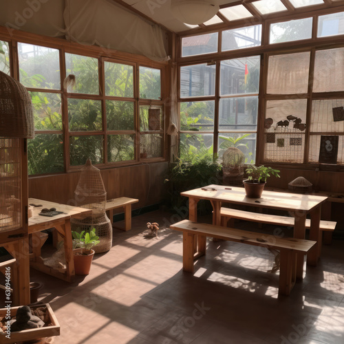 A natural classroom with wooden furniture 