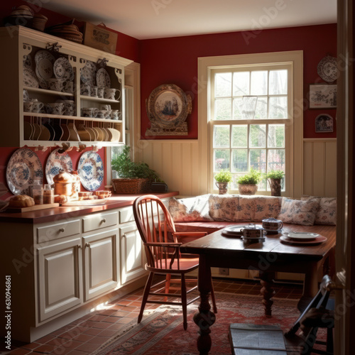 classic colonial style red and white kitchen