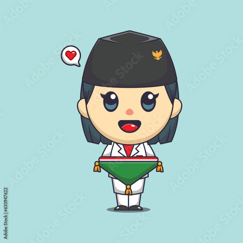 Cute flag raiser female carrying indonesian flag in indonesian independence day cartoon vector illustration.