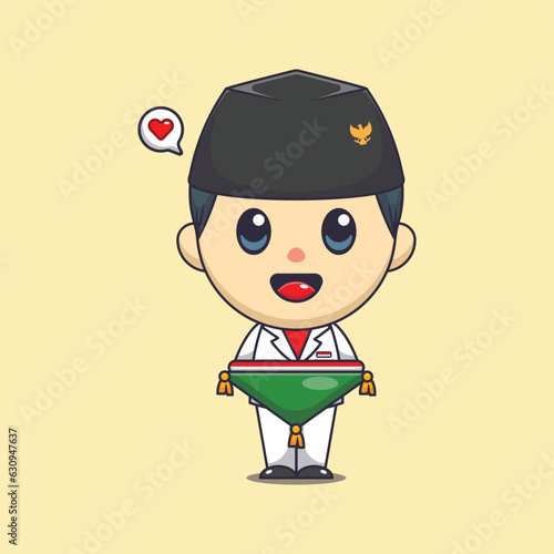 Cute flag raiser boy carrying indonesian flag in indonesian independence day cartoon vector illustration.