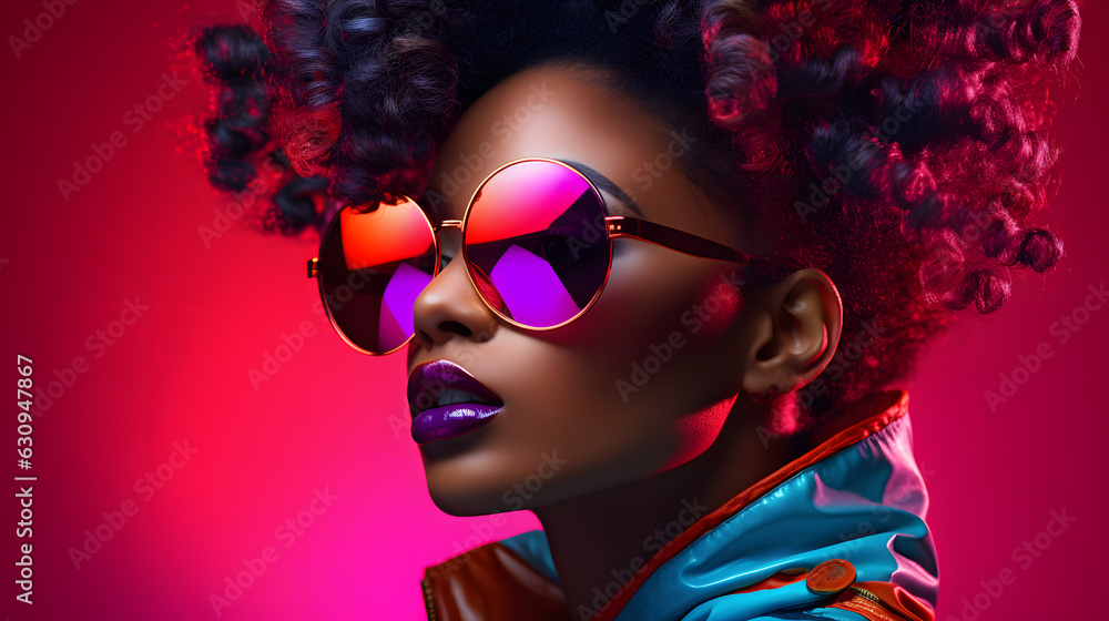 High fashion portrait of young african american woman, bright neon colors.
 - obrazy, fototapety, plakaty 