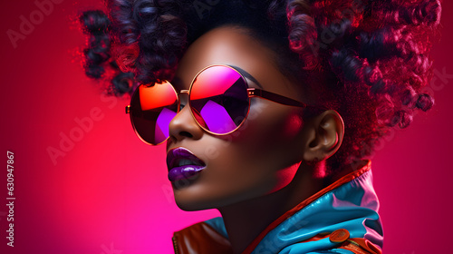 High fashion portrait of young african american woman, bright neon colors. 