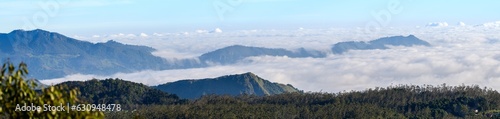 Beautiful panoramic landscape photograph of the mountain range above the white clouds in the Central highlands of Sri Lanka.