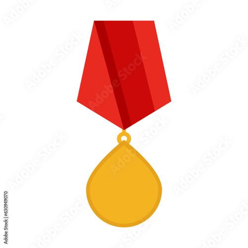 Military medal vector. Drawing of gold medallion with red ribbon isolated on white background. Reward, army, achievement concept
